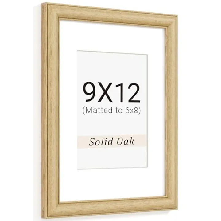 Natural Oak 9x12 Picture Frames Mat to 6x8 Picture Display,Original Wood Handcrafted Photo Frame,Wooden Frame 9x12 with Tempered Glass Graduation Family Wedding Pictures Tabletop & Wall Decor