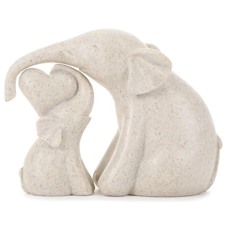 FriyGardcn Small Cute Rock Sand Elephant Figurines Good Luck Elephant with The Baby Home Décor for Shelf Good Gifts for Women Animal Lovers Decoration for Living Room, Bedroom, Office