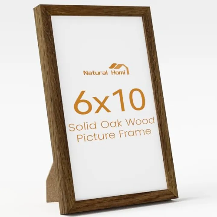 Natural Homi 6x10 Picture Frame,Solid Oak Wood 6"x10" Photo Frame With Walnut Color Finished,Tempered Real Glass 6 by 10 Wooden Frames with No Mat,10x6 Picture Frames for Wall or Tabletop Display