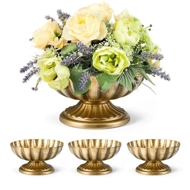 Set of 4, 7'' Wide 3.94'' High Distressed Gold Compote Pedestal Vases, Vintage Antique Urn Planter Vase Bulk for Wedding Table Centerpieces, Metal Pot Vases Decorative Bowls for Home Decor