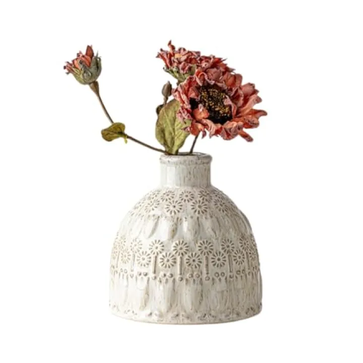Vintage Dandelion Ceramic Vase, Handmade Floral Embossed Pottery for Home Living Room, Entryway, and Table Centerpieces Décor, Boho Art Vase for Dried Flowers & Faux Arrangements