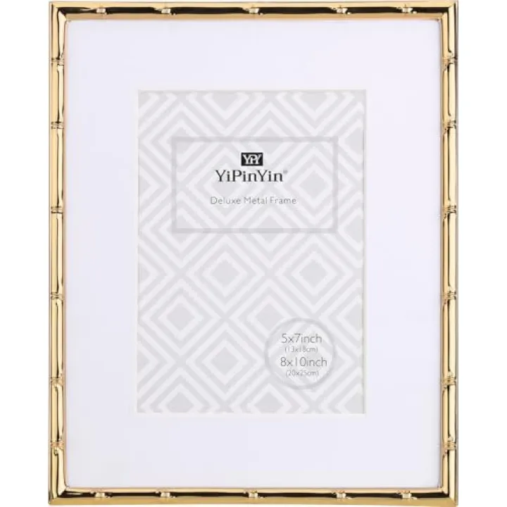 YiPinYin 8x10''Bamboo Detail Gold Metal Picture Frame with Acid Free Mat for 5x7'',Narrow Plated Photo Frames 5 x7'' With Soft Touch Velvet Backing for Desktop and Wall Décor