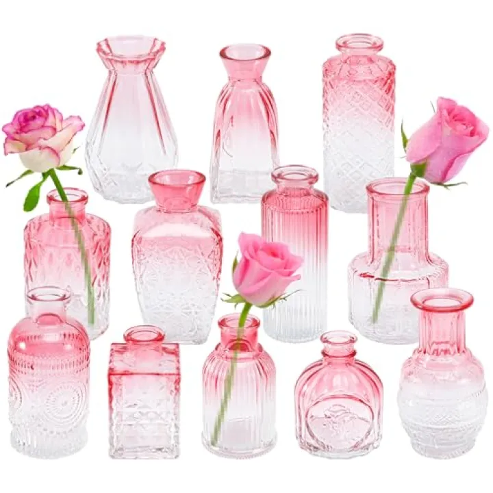 Xvvirnt Glass Bud Vases Set of 12,Pink Bud Vases in Bulk,Small Flower Vase for Centerpiece,Mini Vintage Vase for Wedding Home Room Office Table Decor(Pink)