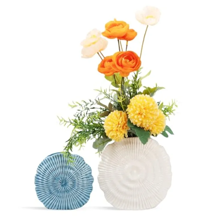 Coastal Vase Set of 2 - Seashell Decor Centerpiece for Shelf & Coffee Table, Blue and White Modern Ribbed Ceramic Flower Vase Home Accents with Shell Design, Beach Decor