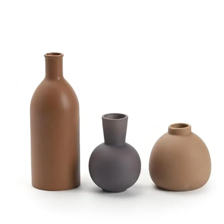 Ceramic Vase Set-3, Small Flower Vases for Decor, Modern Boho Farmhouse Style, Decorative Vases for Pampas Grass & Dried Flowers （Brown Set）