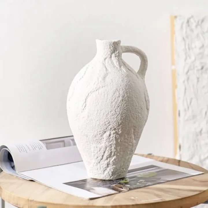 Xunsiga Ceramic Vase with Handles, 10.4inch Tall White Rustic Large Farmhouse Terracotta Vase for Home Boho Decor, Room Table Centerpiece, Living Room, Vintage Pottery Gifts, Bathroom