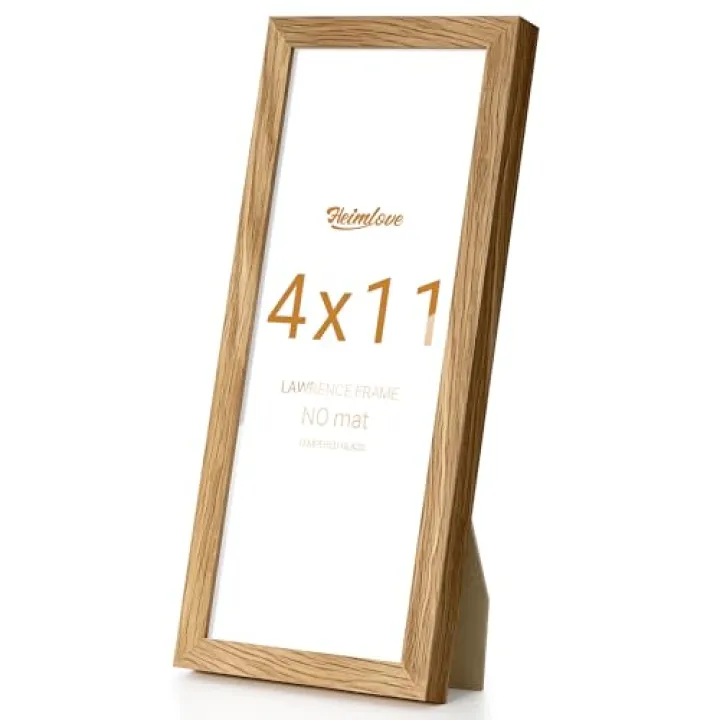 Heimlove 4x11 Lawrence Picture Frame Solid Oak Wood,4"x11" Frames for Wall Hanging or Tabletop,Photo Frames 4 x 11 Natural with No Mat,Tempered Glass,Wall Kit,Natural Oak Color