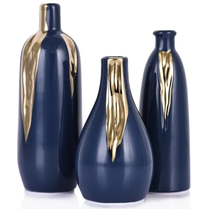 Blue and Gold Mini Ceramic Vase Set of 3, Small Ceramic Vase Set for Decorative, Bud Vases for Centerpieces Nightstand Kitchen, Boho Farmhouse Home Coffee Table Tray Decor