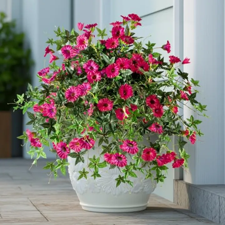 ENALGRE Artificial Flowers Artificial Petunias for Outdoors 2PCS Artificial Hanging Plants Outdoors Silk Flowers with Stems Outdoor Flowers Uv Resistant for Porch Terrace Decor，Rose Red，Without Pot