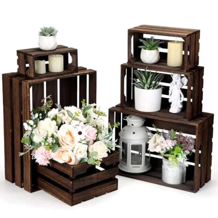 CroBlissful 6 Pcs Decorative Wood Crates for Storage Display Rustic Nesting Crates with Handle Farmhouse Wooden Storage Container Boxes for Wedding Baby Shower Birthday Party(Vintage Dark Brown)