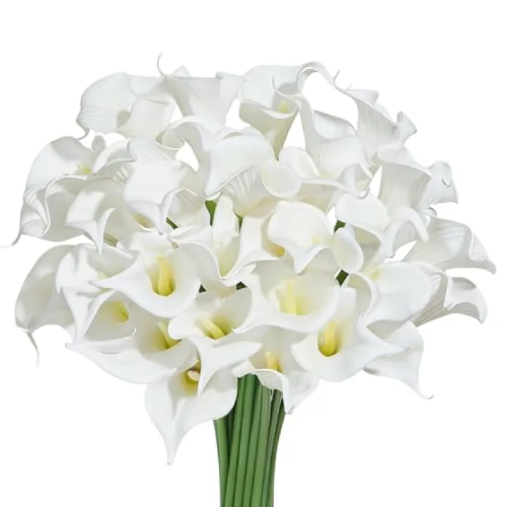 Heleze 30 PCS Artificial Calla Lily Flowers Bouquet Faux Branches for Vase Fake Flower 13.5" Real Touch for DIY Mother's Day Wedding Party Decoration Pure White