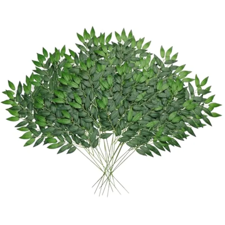 Betylifoy 24Pcs Artificial Italian Ruscus Greenery Stems, 25in Faux Silk Green Leaves Vines Garland Branches Hanging Greenery Spray for Wedding Arch Bouquet Filler Table Centerpieces Home Decor