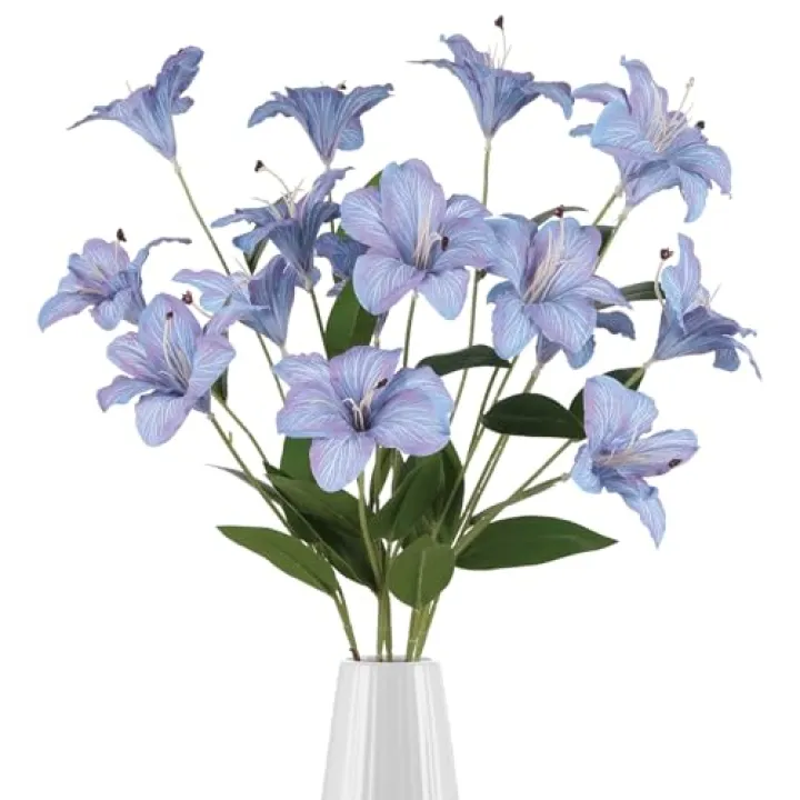 INSUNSIX Blue Artificial Lilies Long Stem 5 Pcs 33.46” Realistic Lilies Flower Home Decor 3 Heads Blooming Lily for Room Home Bath Outdoor Garden Party Aisle Arrangement(Blue