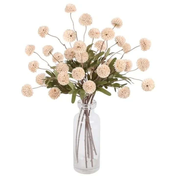 INSUNSIX Beige Faux Kiku Flowers 8pcs Artificial Chrysanthemum 20.47” Fake Mum Pom Pom Flowers for Wedding Centerpieces Party Silk Flowers for Home Decor Indoor