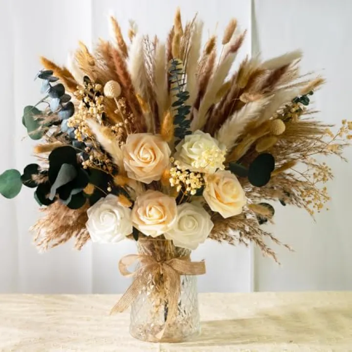 JARELING 101pcs Natural Dried Pampas Grass Decor with Vase Artificial Flowers in Vase Boho Home Decor Bouquet Bunny Tails Dried Flowers, Reed Grass Bouquet for Wedding Floral Arrangements (101pcs)