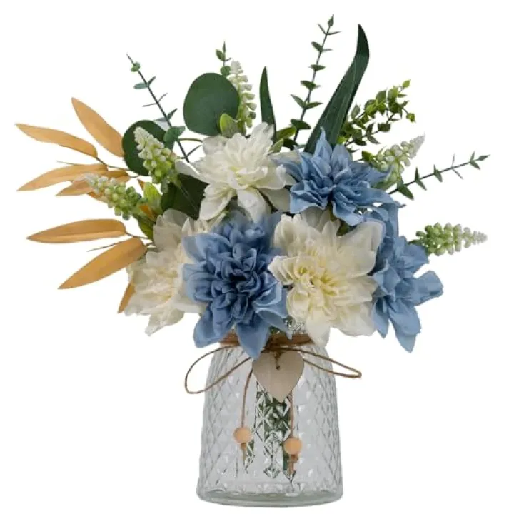 JARELING Fake Flowers with Vase Silk Flowers in Vase Dahlia Flowers Arrangement Suitable for Home Office Decoration, Dining Table Centerpiece (Dahlia-White Blue)