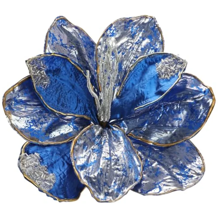 Briful 3PCS Magnolia Artificial Christmas Flower 21.2" Blue Fake Magnolia Flower Stems with Specially Designed Mottled Petals Christmas Tree Flowers for Holiday Wreath Garland Xmas Decor