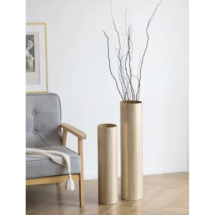 Sziqiqi Tall Gold Floor Vase: Set of 2 Woven Texture Metal Cylinder Vases Extra Large Decorative Standing Vase - 27.6/21.7in Vintage Vases Home Decor for Living Room Bedroom Home Corner Indoor Office
