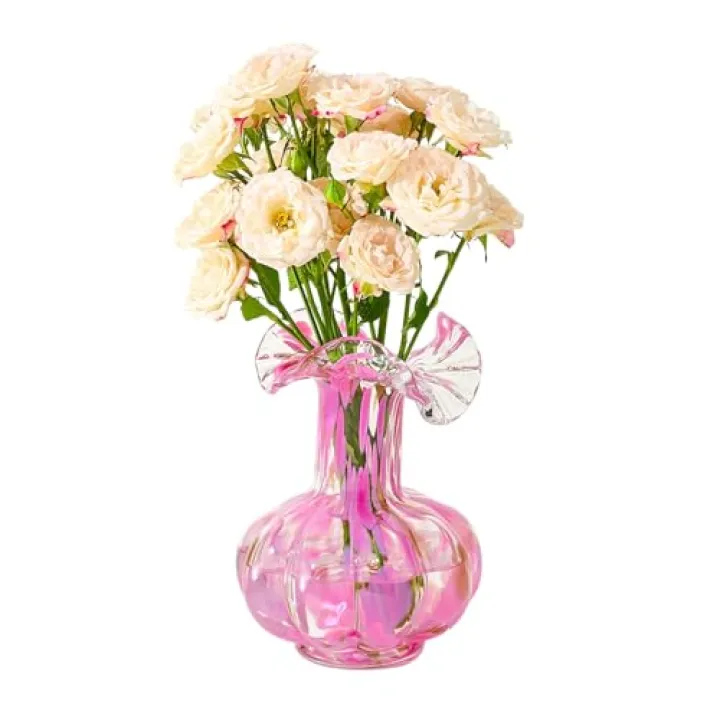 Blush Petal Small Hand‑Blown Glass Vase – 7″ Soft Pink Decorative Bud Vase with Moon Petal‑Edge Rim – Noon Elegant Art Glass Accent for Home, Dining Table, Bedroom, Bathroom Office Giving