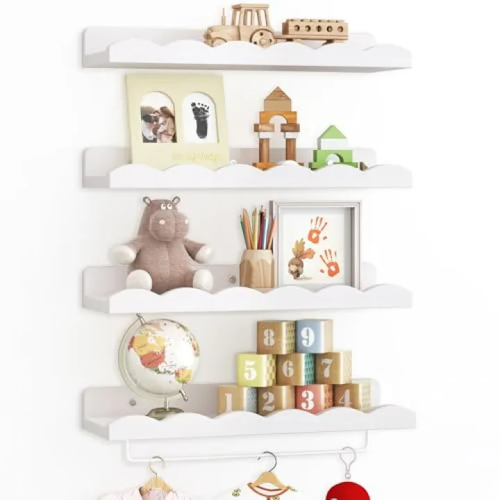 Fixwal Nursery Shelves, 16.5 Inch Floating Bookshelves for Wall Set of 4, Scalloped Wall Book Shelves with Towel Rack for Kids, Toddler Room, Baby Room, Nursery Decor and Storage(White)