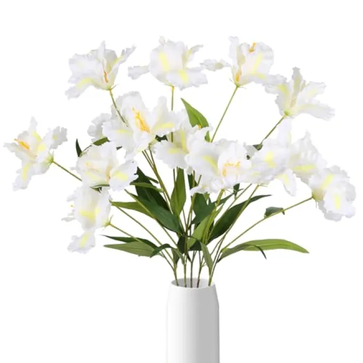 ICBOX White Iris Flowers 5Pcs 15Heads - 35.4" Long Stem Artificial Iris Flowers for Tall Vase Faux Summer Flowers Floral Arrangements for Home Wedding Centerpieces Decor(White)