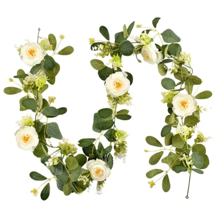 Heuihm 6Ft Artificial Eucalyptus Flower Garland,Flower Garlands with 6 White Roses,Eucalyptus Garland with Flowers Use for Wedding/Table/Backdrop/Arch Birthday Party Indoor Outdoor Decor