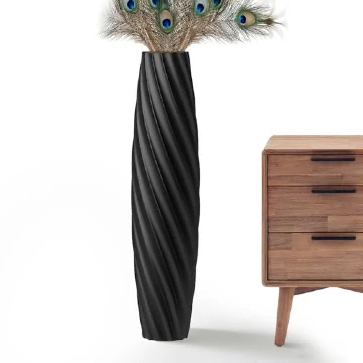 Rocendlor Tall Floor Vase, 23.6 inches Tall Vases Sturdy, Luxury, Textured for Decorative Branches Dried Flowers, Floor Vase for Rustic, Living Room, Shelf Decor (Black)