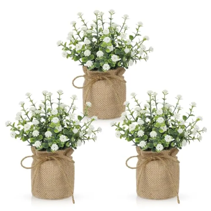 Baby's Breath Artificial Flowers Table Centerpiece Decoration Potted Artificial Babys Breath Small Fake Plants for Shelf Desk Home Decor