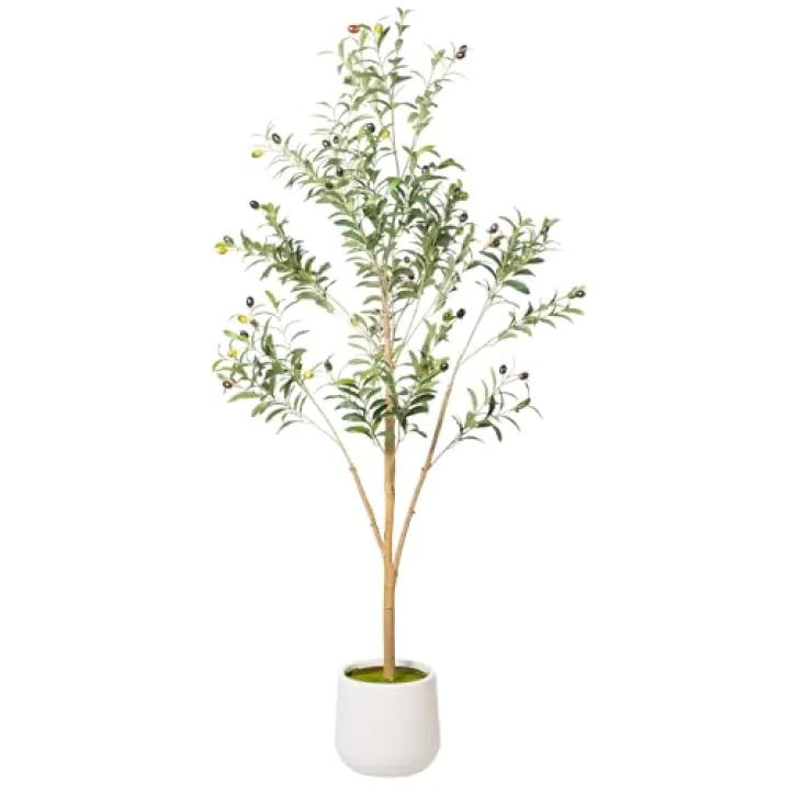 Artizone Artificial Olive Tree with White Pot - Faux Olive Tree for Home Decor, Tall Artificial Plants Indoor, Realistic Trunks Foliage Fruit, Office Decor (5FT)