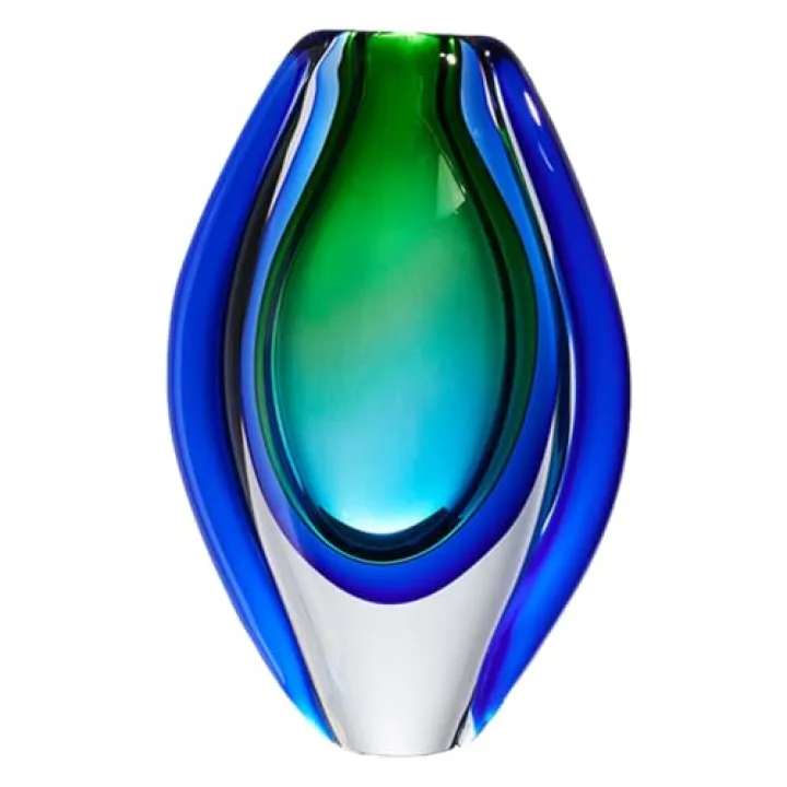 Luxury Lane Hand Blown Sommerso Oval Art Glass Vase for Decor 8.5 inch Tall Centerpiece Table Decoration Emerald Green