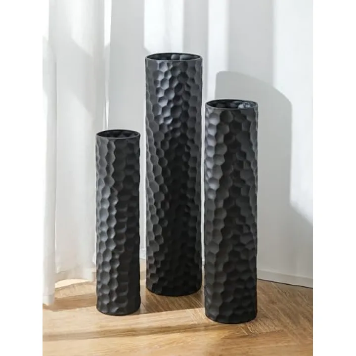 Sziqiqi Black Tall Floor Vase: 27/23/20in Large Floor Vases Standing for Living Room - Hammered Metal Floor Vases Set of 3 - Cylinder Flower Vase for Dining Bedroom Home Corner Indoor Office