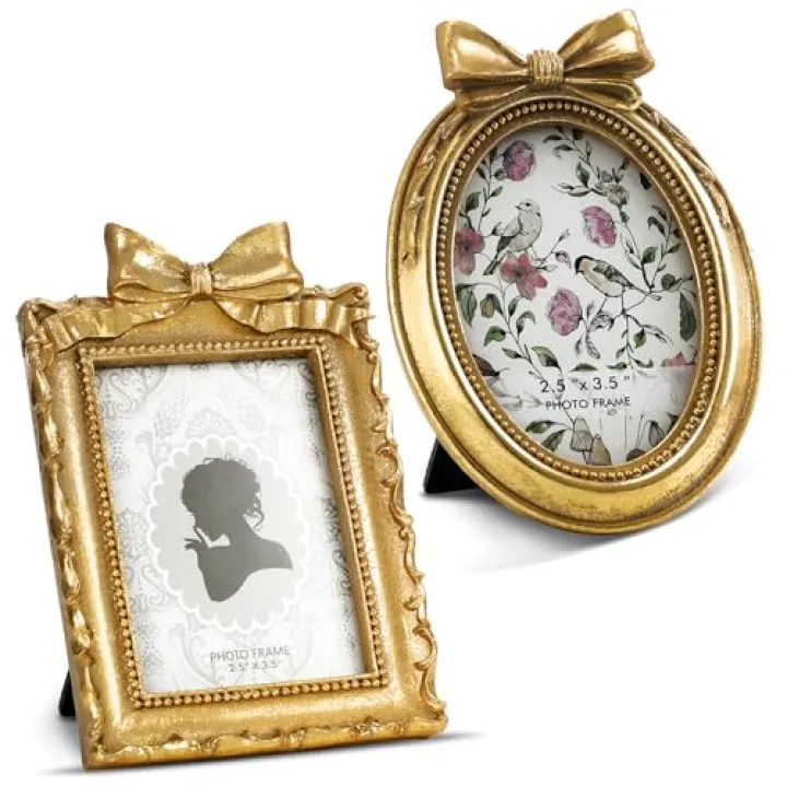 Qunclay 2 Pcs Gold Vintage Picture Frame Rectangle Oval Antique Resin Photo Frames With Glass Front Tabletop and Wall Hanging Baroque Ornate for Home Wedding Christmas Decor (2.5 x 3.5 Inch)