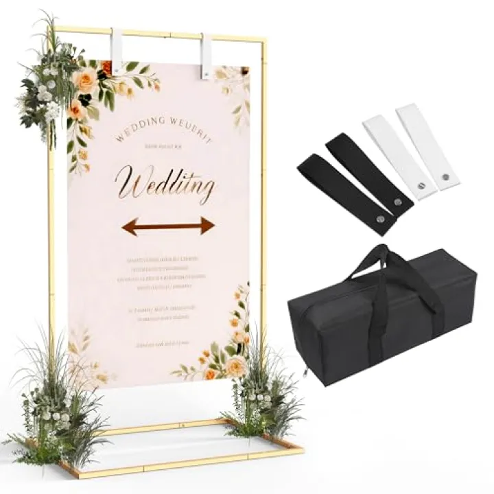 Daiumulti Wedding Sign Stand, Wedding Welcome Sign, Wedding Sign Holder with Storage Bag and Leather Sign Hanging Straps, Easel Stand for Sign, Welcome Sign for Party(Gold)