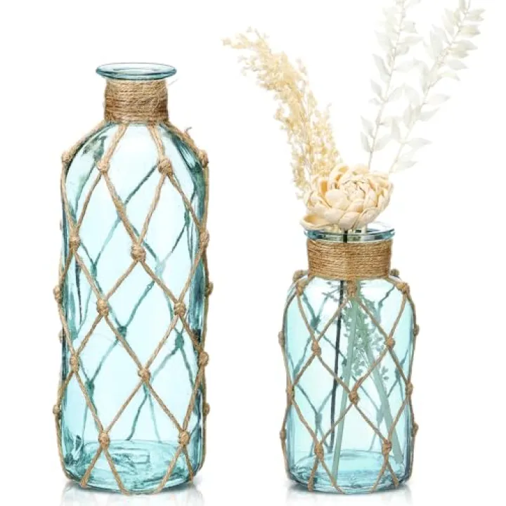 Chuangdi Set of 2 Coastal Glass Vases for Flowers TSITP Flower Vase with Boho Rope Small Sea Glass Jar Nautical Beach Bottle for Wedding Table Centerpieces Floral Arrangement Decor(Light Blue)