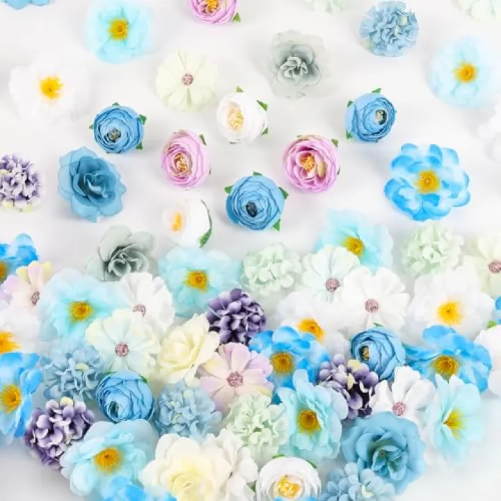 ATTGREAT Mini Silk Flowrs Bulk Fake Flower Heads Small Flower 3D Loose Faux Daisy Rose Sunflowers Plum Blossoms Craft for Wedding Party Cake Baby Shower Home Decor, 110Pcs(Blue)