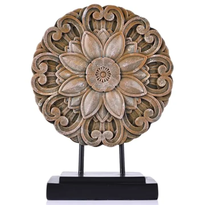 Brown Farmhouse Table top Sculpture Above Cabinet Decor Kitchen, Boho Carving Knick Knacks Shelf Decor Accent, Round Statue for Credenza Bookshelf Rustic Shabby Chic Center Pieces Decoration