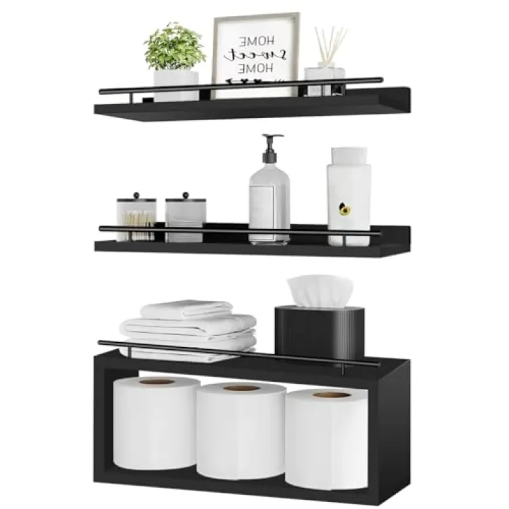 CACASO Floating Shelves for Wall, Set of 3 Wood Bathroom Shelves with Metal Rail,Floating Shelf Wall Mounted Over Toilet with Cube Shelf for Living Room Organizers,Bathroom Decor,Kitchen Storage