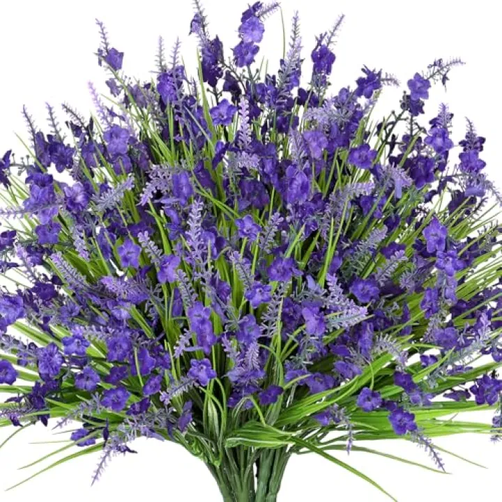 Dremisland 12 Bundles Artificial Lavender Flowers for Outdoors Faux Silk Flowers Fake Monkey Grass UV Resistant Greenery Plants for Home Porch Window Patio Hanging Planter Decor (12, Purple)