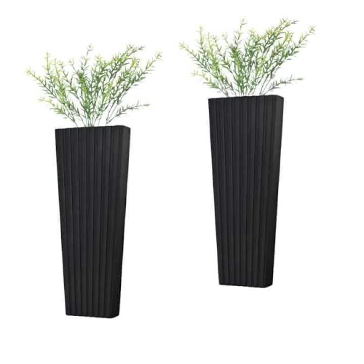 2Pack Black Wood Wall Planter for Indoor +2Pack Green Plants,Modern Wooden Hanging Planter for Dried Flowers and Plants,Abstract Vase Farmhouse Wood Wall Decor (Black)