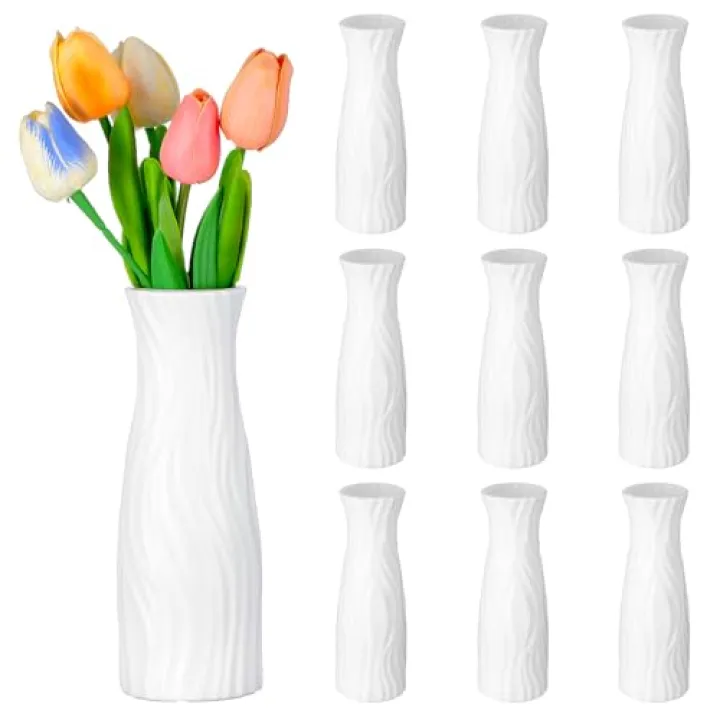 10 Pcs Composite Plastic Flower Vase, White Tall Conic Floral Vases Home Decor Centerpieces, Unbreakable Vase for Decor Living Room