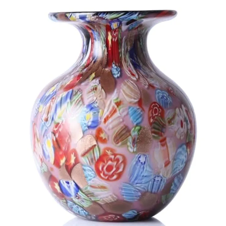 Pink Purple Round Glass Vase,Modern Art Sea Glass Decor with Colorful Petal Decorative for Home Decor,Hand Blown Stained Vase for Flowers Living Room Dining Tabletop Centerpiece Office Decor