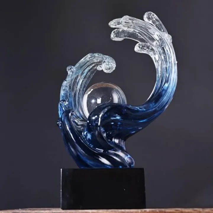 XYQXYQ Modern Abstract Decorative Wave Statue, Gold Abstract Art Home Decor,Crystal Ball Art Wave Resin Sculpture, Office Desk Stand, Dining Table Center Decorative Aesthetics (Blue)