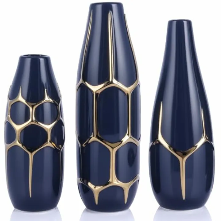 Ceramic Vase Set of 3, Modern Vases for Home Decor, Blue and Gold Color Suitable for Living Room, Kitchen, Bedroom, Bathroom, entryway Mantelpiece, Living Room TV Stand Decoration.