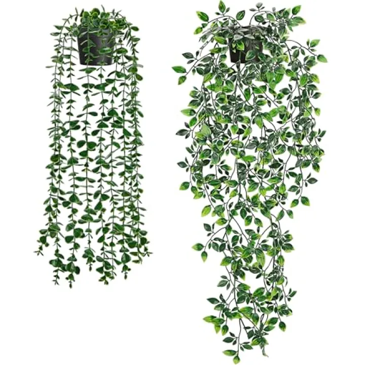 Der Rose 2 Pack Fake Hanging Plants Artificial Potted Plants Indoor and Outdoor for Office Living Room Bathroom Wall Shelf Decor
