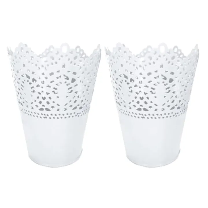 Ciieeo 2pcs Lace Edge Iron Art Flower Vase Elegant Flower Arrangement Holder for Home Decor Charming White Decorative Pot