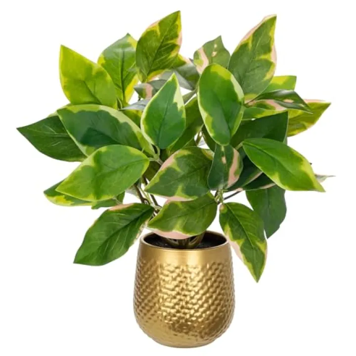 Oairse Articicial Plants Indoor Small Fake Plants in Pots Faux Pothos N‘ Joy Potted Plant Fake Indoor Plants with Gold Pots for Bathroom Living Room Office Desk Shelves