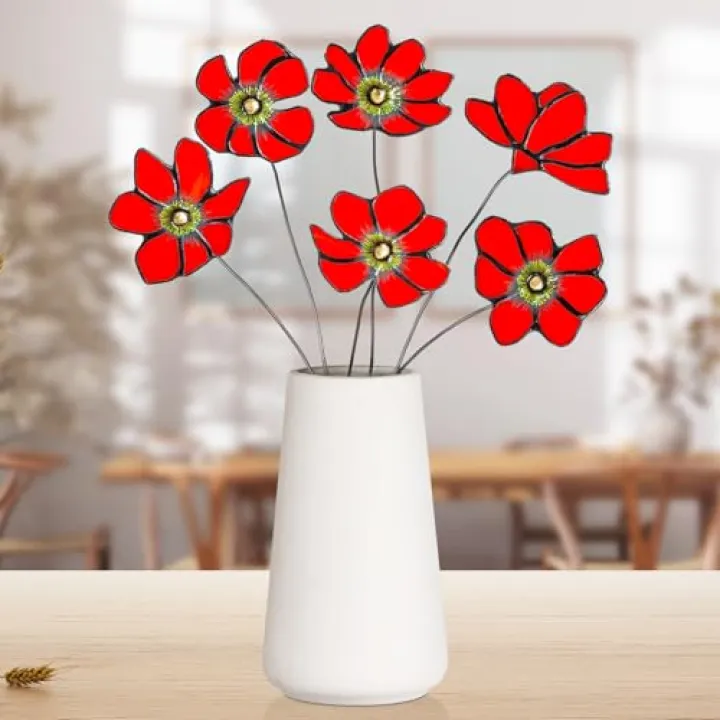 DoubleFill 6 Pcs Stained Glass Flowers with Stems 17 Inch Red Flower Bouquets Faux Flower Floral for Mom Birthday Gifts Home Garden Christmas Decor(No Vase)