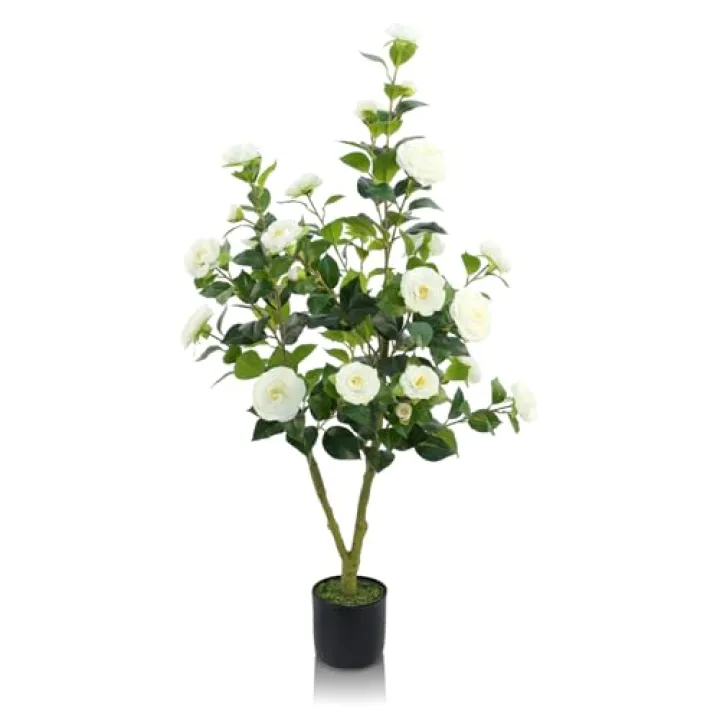 GOVIRAYE Artificial Camellia Tree, 4FT White Faux Camellia Plant Indoor, Realistic Artificial Tree with Flowers for Home Office Living Room Bedroom Outdoor Porch Patio Yard Garden Housewarming Decor