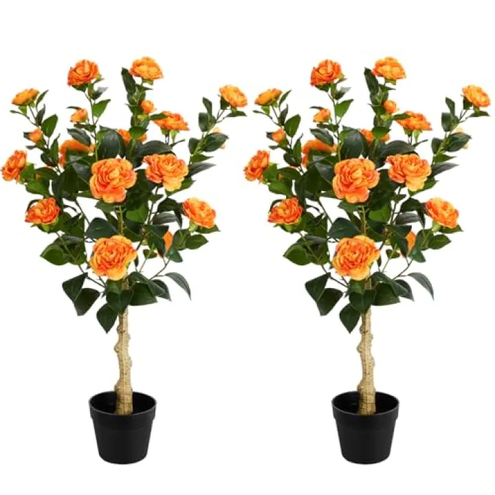 3FT Artificial Camellia Tree, 2 Pack Fake Camellia Tree Artificial Tree, Faux Floral Plants in Cement Pot, Greenery Potted Plant for Indoor Outdoor Home Office Porch Decor (Orange)