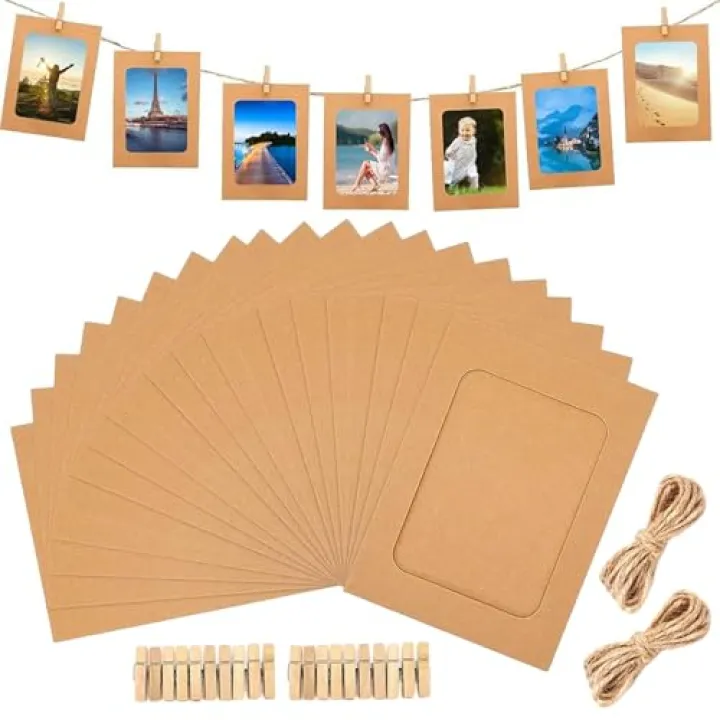 starfa lab 20 Pcs 4x6 Inch Paper Photo Frames,Hanging Photo Display Banner with Clips,Picture String for Wall Decor,DIY Photo Holder for Party Wedding Home Office Decor